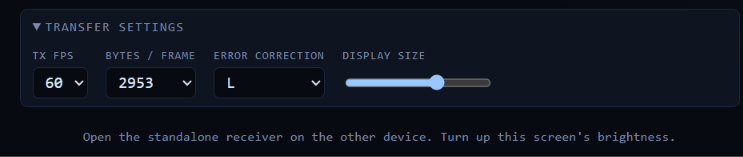點擊 Transfer Settings 可以調整幀速、每幀容量、容錯程度（容錯愈高 QR Code 愈複雜，會影響每幀容量和編解碼速率）和 QR Code 大小。