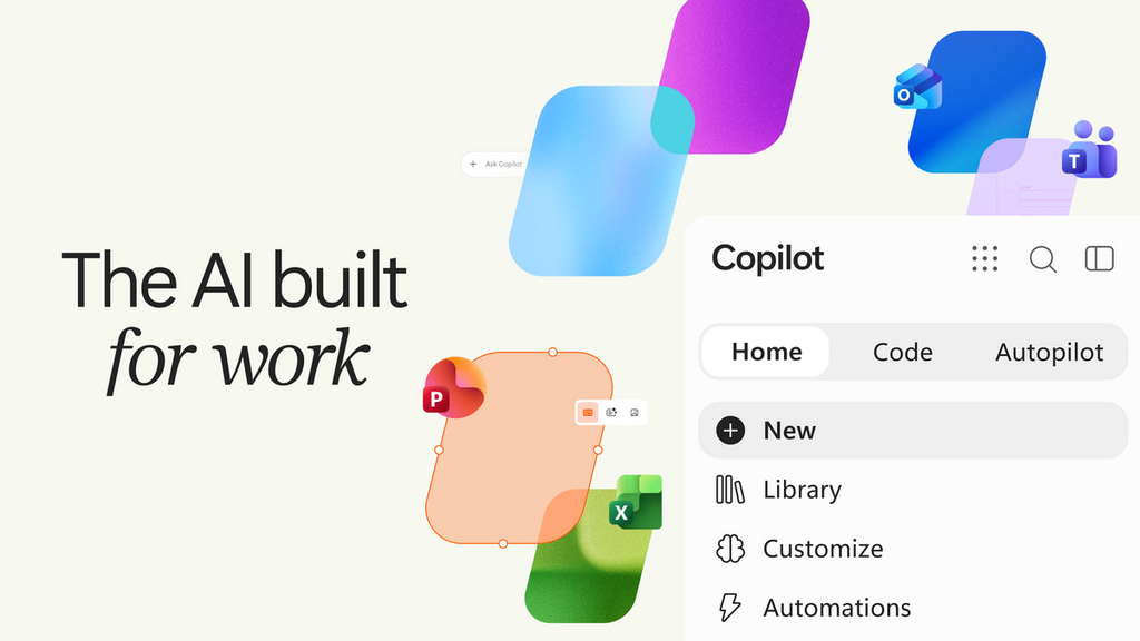 新 Copilot App 分成三個區域：Home、Code 和 Autopilot，各部分工清晰。