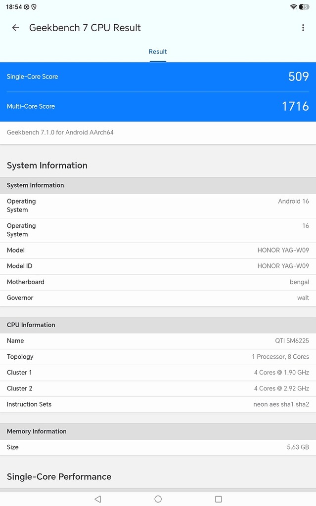 Geekbench 7 單核及多核 CPU 得分分別為 509 及 1716，以現今平板效能來說只是一般。