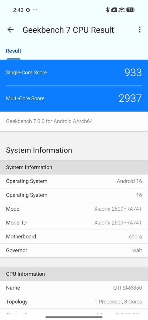 Geekbench 7 CPU 跑分達 933（單核）及 2,937（多核），效能表現仍然是比較一般，但作為中階手機則可以接受。